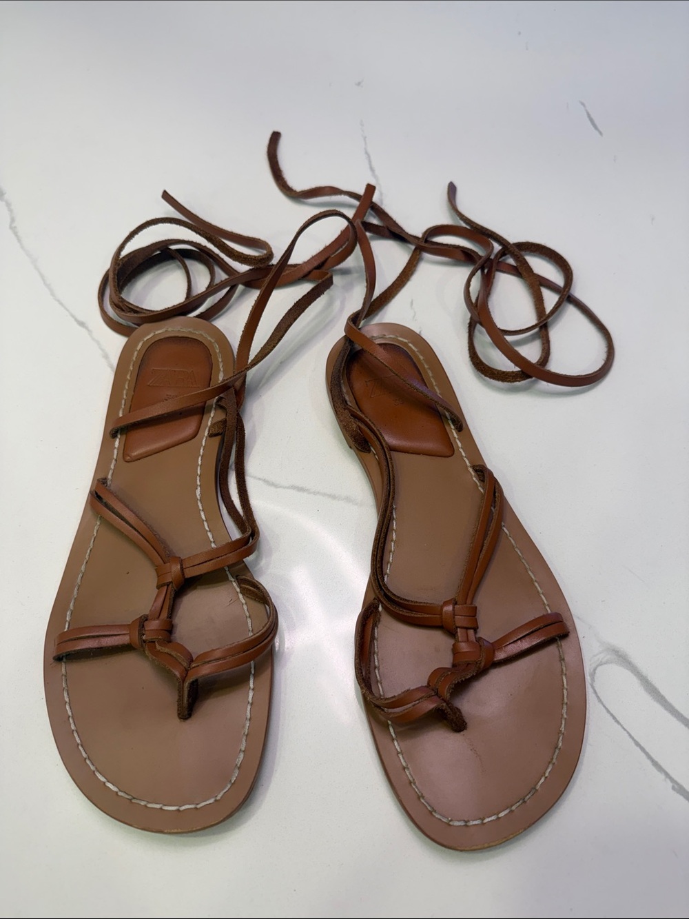 ZARA Women's Brown Leather Lace-Up wrap around gladiator Sandals